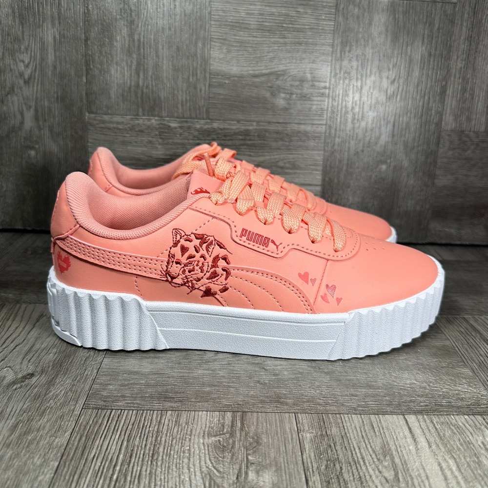 Puma Carina Street Tiger Kids 4 Peach Pink Heart Embroidered NEW 403435-01